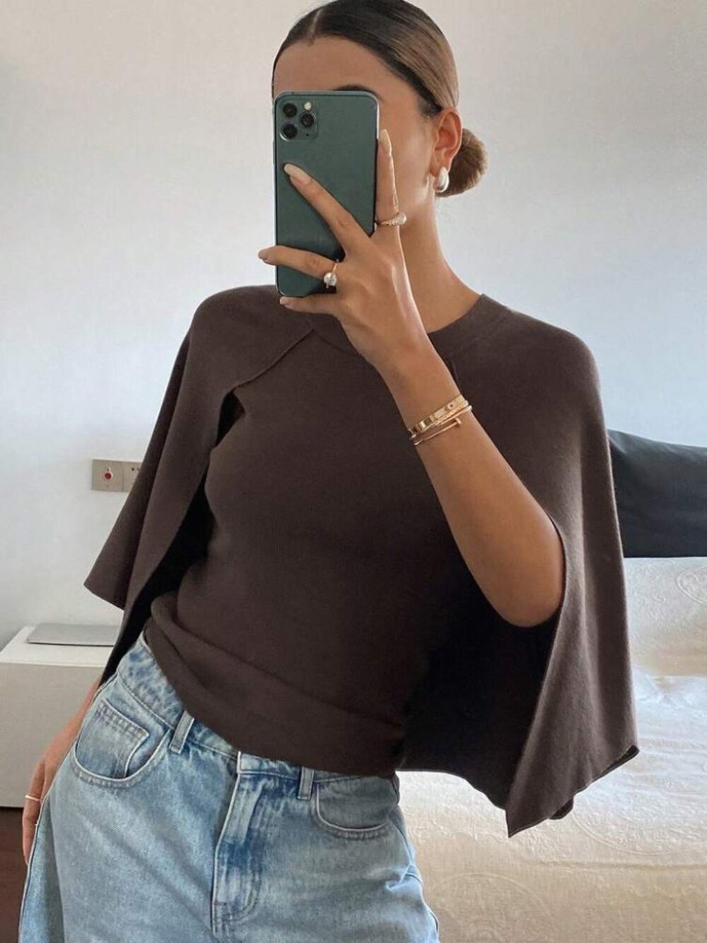 NWT Zara Dark Brown Cape-Sleeve Knit Top, Small